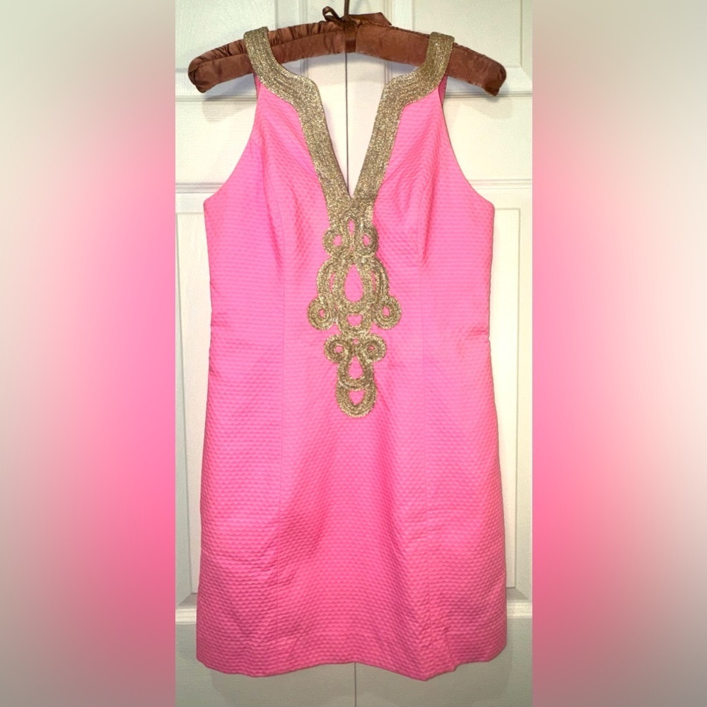 Lilly Pulitzer Emery Shift Dress Pink Pout Gold trim Size 0 EUC